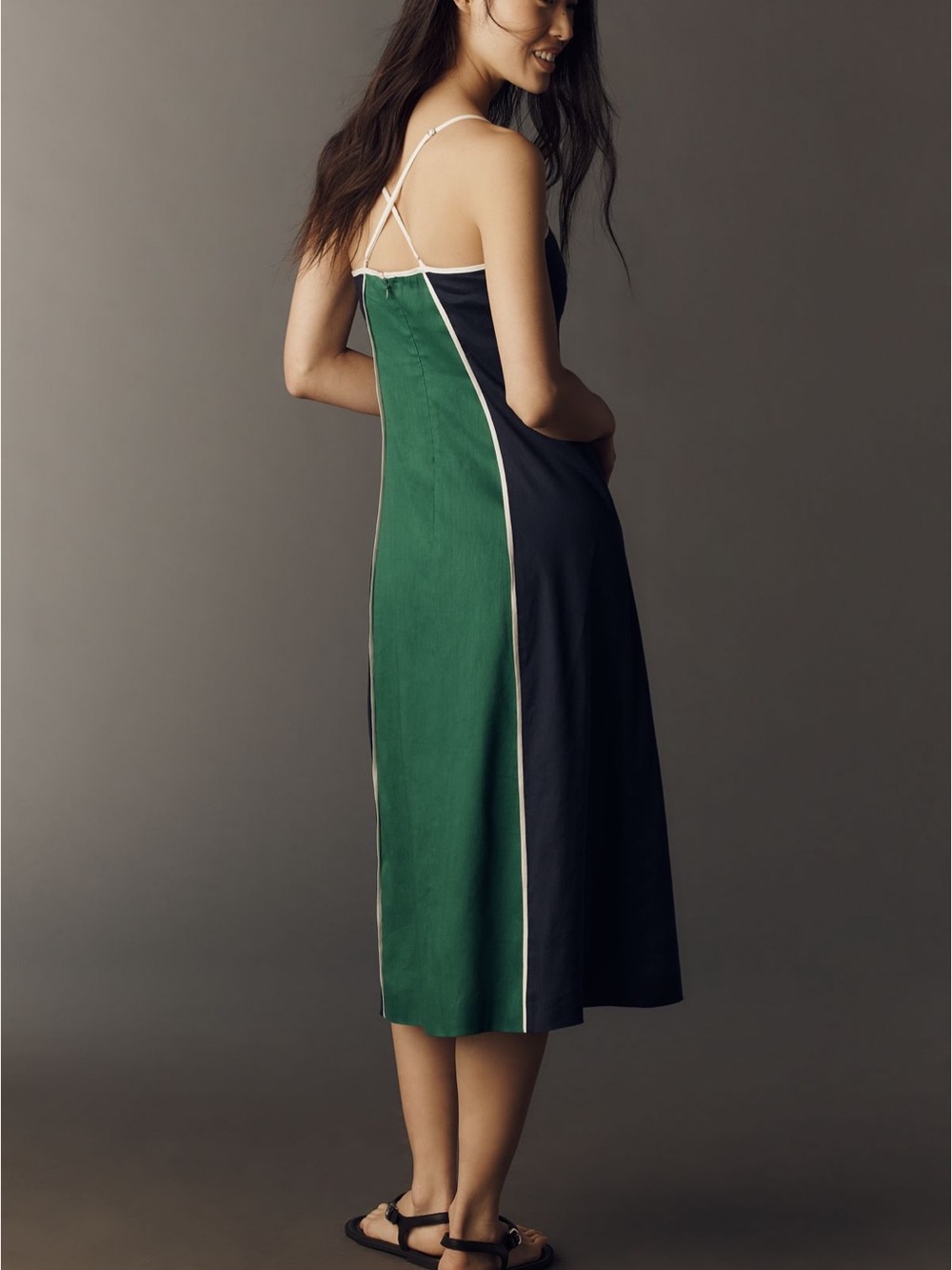 ANTHROPOLOGIE Green & Black Strappy Midi Dress with Contrast Piping - Picture 3 of 3
